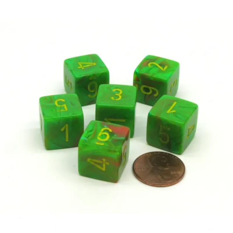 Dice-Vortex 15mm 6 Sided D6 Chessex Dice, 6 Pieces - Slime with Yellow Numbers - Your Source for Gaming Essentials