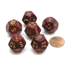 Dice-Vortex 18mm 12 Sided D12 Chessex Dice, 6 Pieces - Burgundy with Gold - Your Source for Gaming Essentials