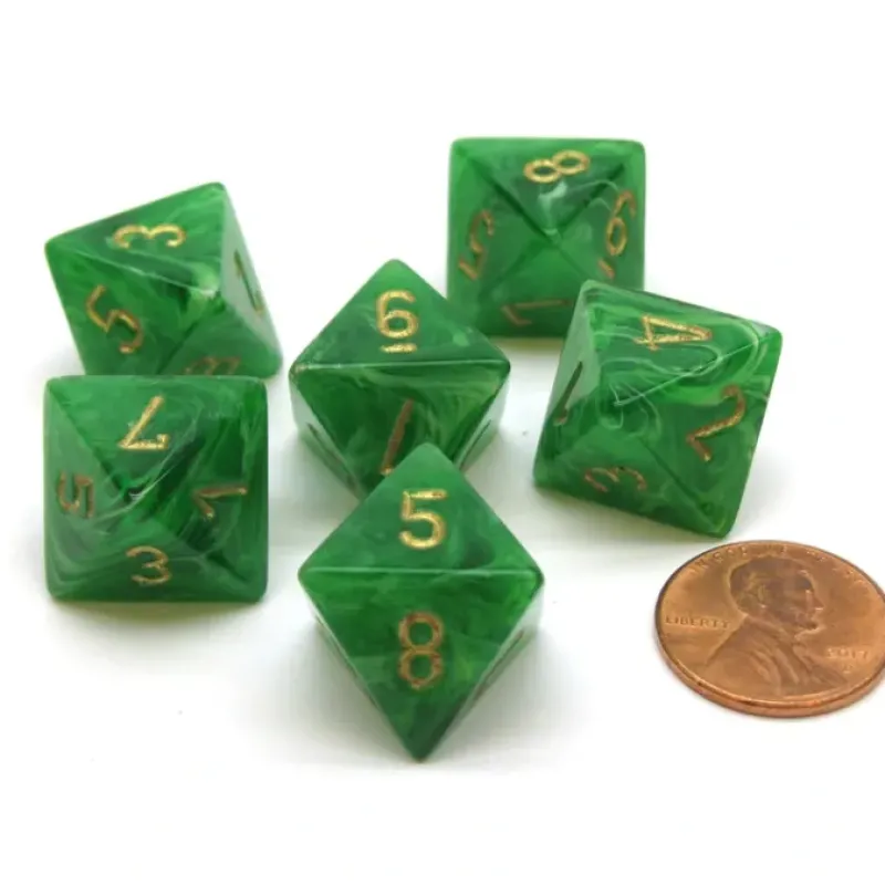 Dice-Vortex 15mm 8 Sided D8 Chessex Dice, 6 Pieces - Green with Gold - Your Source for Gaming Essentials