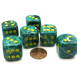 Dice-Vortex 20mm Big D6 Chessex Dice, 6 Pieces - Malachite Green with Yellow Pips - Your Source for Gaming Essentials