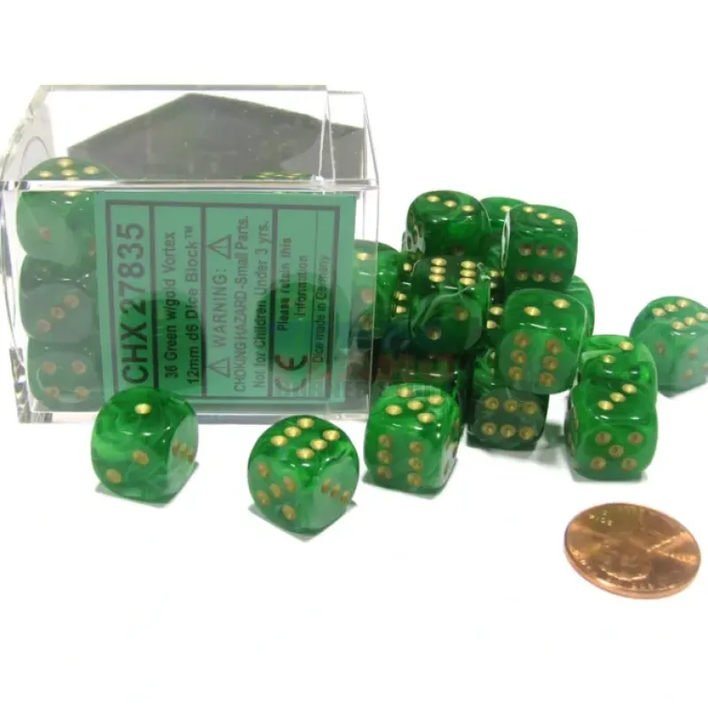 Dice-Vortex 12mm D6 Chessex Dice Block (36 Dice) - Green with Gold Pips - Your Source for Gaming Essentials