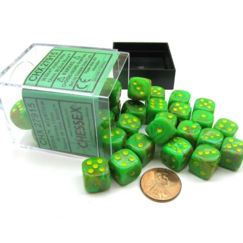 Dice-Vortex 12mm D6 Chessex Dice Block (36 Dice) - Slime with Yellow Pips - Your Source for Gaming Essentials