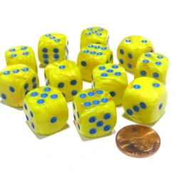 Dice-Vortex 16mm D6 Chessex Dice Block (12 Dice) - Yellow with Blue Pips - Your Source for Gaming Essentials