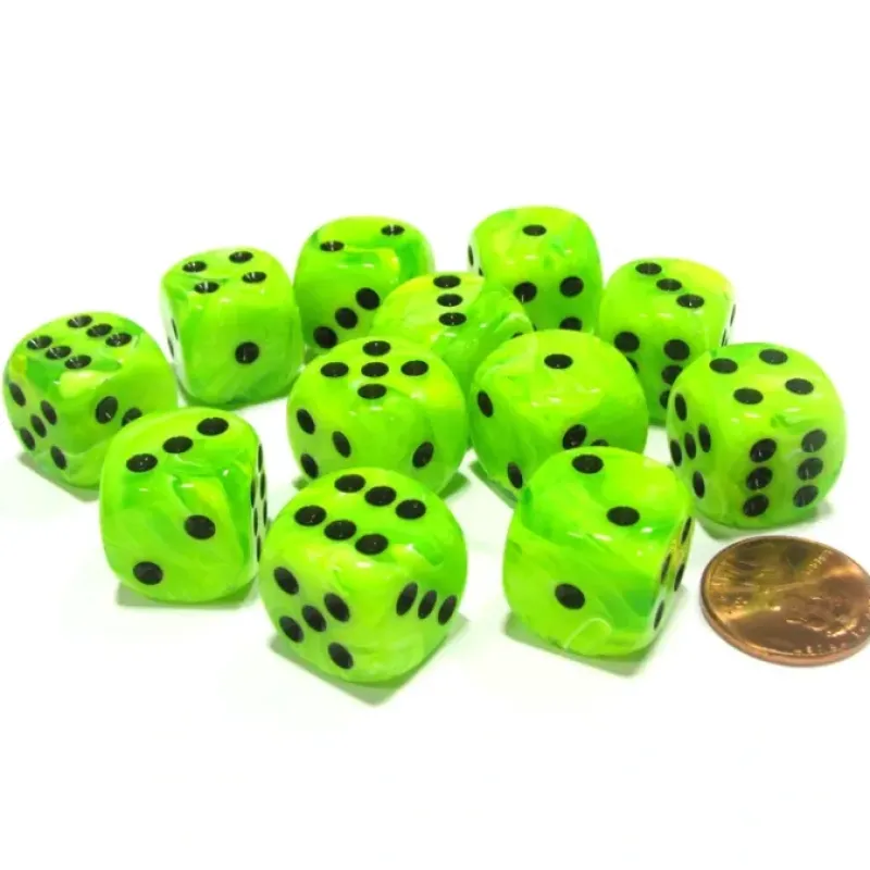 Dice-Vortex 16mm D6 Chessex Dice Block (12 Dice) - Bright Green with Black Pips - Your Source for Gaming Essentials