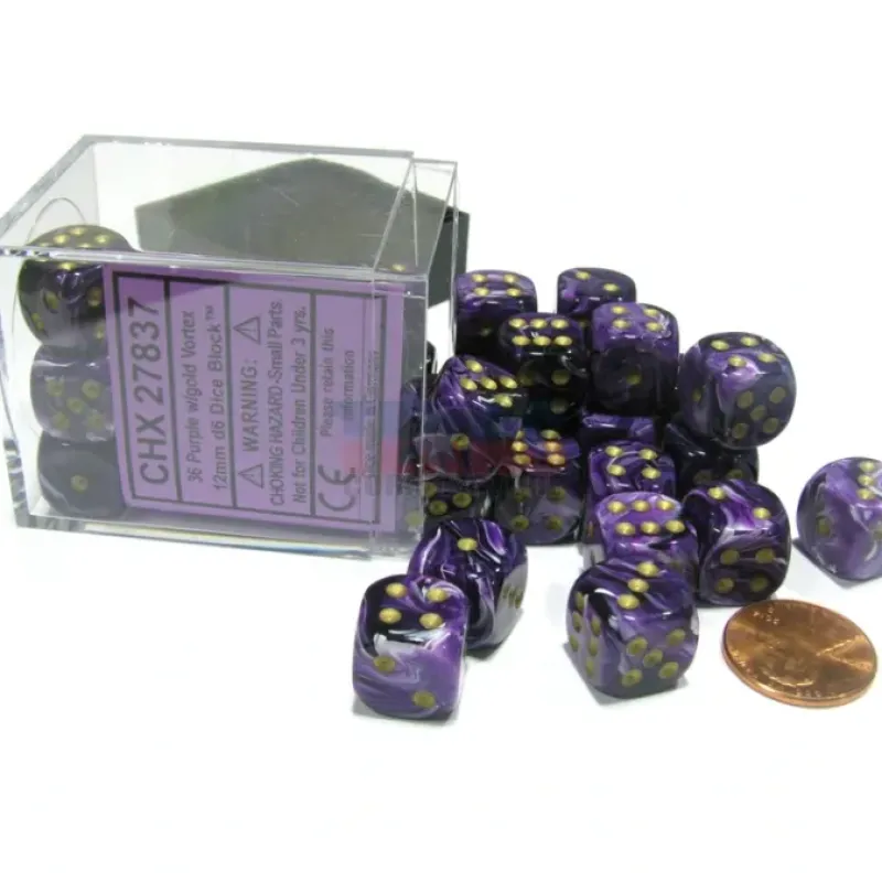 Dice-Vortex 12mm D6 Chessex Dice Block (36 Dice) - Purple with Gold Pips - Your Source for Gaming Essentials