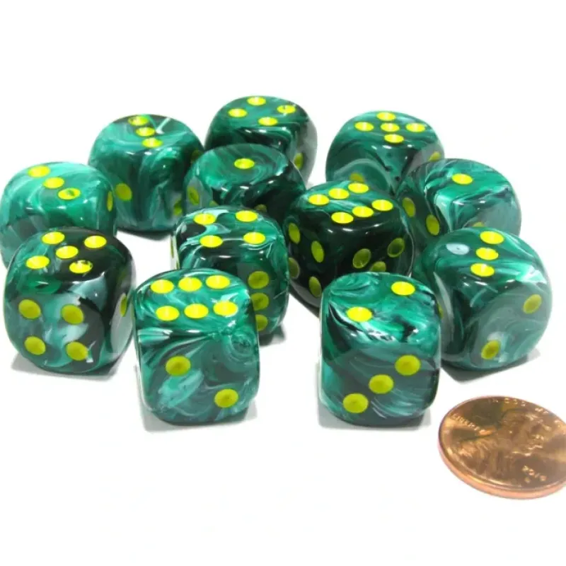 Dice-Vortex 16mm D6 Chessex Dice Block (12 Dice) - Malachite Green with Yellow - Your Source for Gaming Essentials
