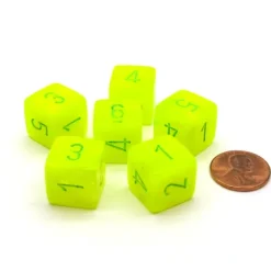 Dice-Vortex 15mm 6-Sided D6 Numbered Dice, 6 Pieces - Electric Yellow with Green - Your Source for Gaming Essentials