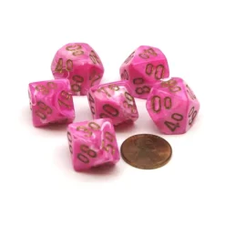 Dice-Vortex 16mm Tens D10 (00-90) Chessex Dice, 6 Pieces - Pink with Gold Numbers - Your Source for Gaming Essentials