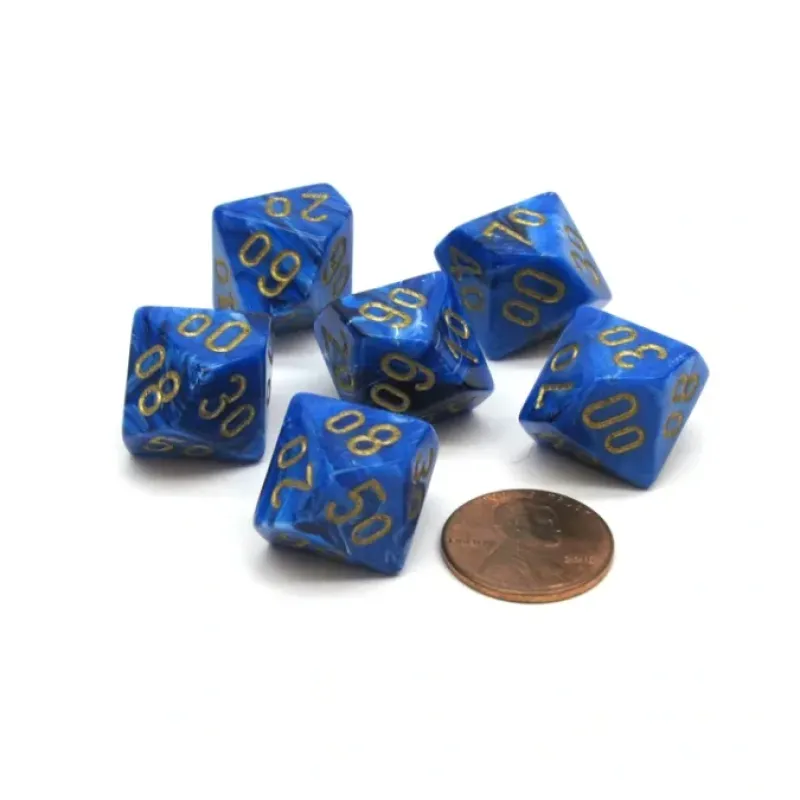 Dice-Vortex 16mm Tens D10 (00-90) Chessex Dice, 6 Pieces - Blue with Gold Numbers - Your Source for Gaming Essentials