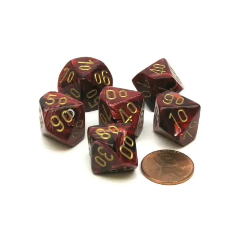 Dice-Vortex 16mm Tens D10 (00-90) Chessex Dice, 6 Pieces - Burgundy with Gold Numbers - Your Source for Gaming Essentials